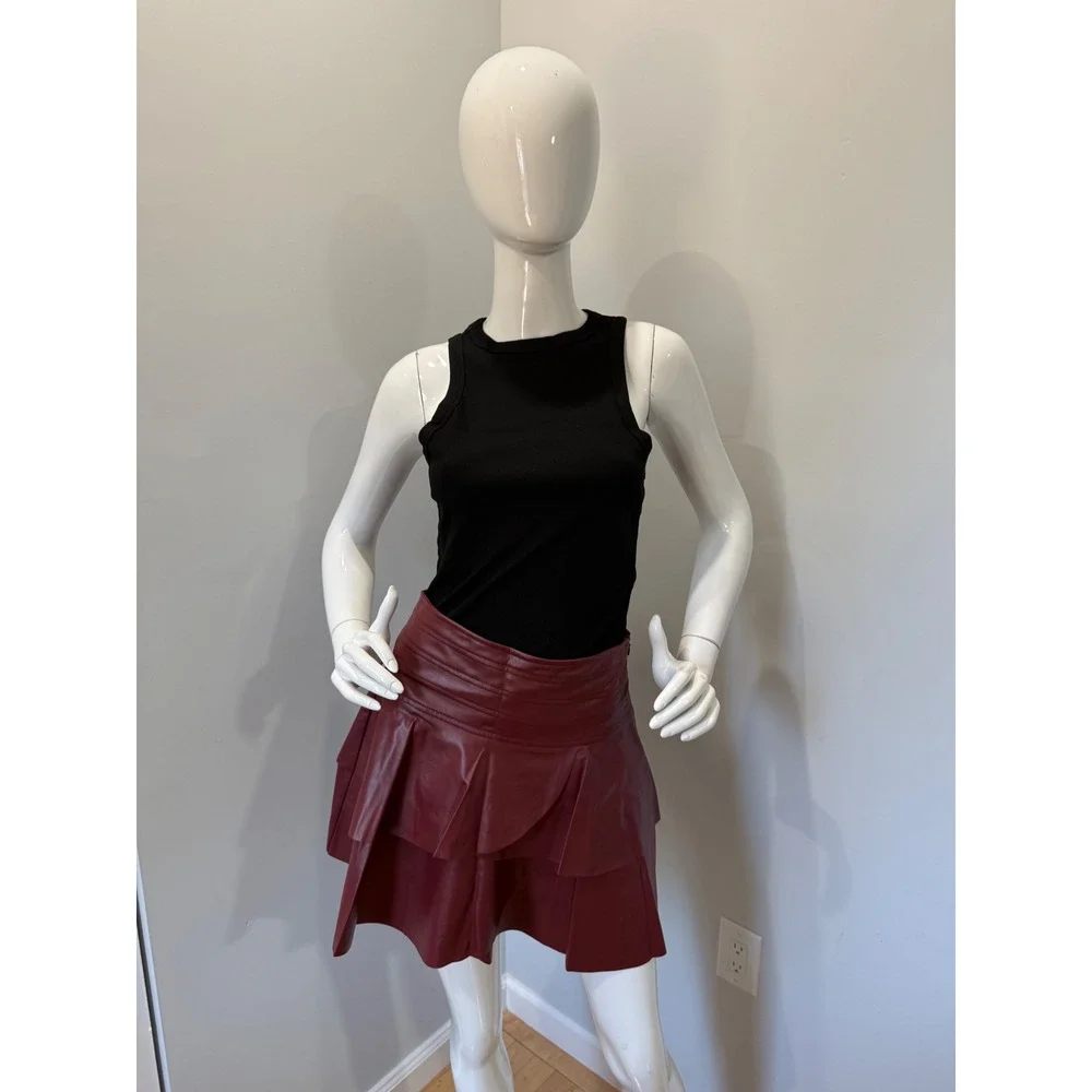 Commense Burgundy Faux Leather Skirt Ruffle Mini High Waist‎ Party Cocktail S